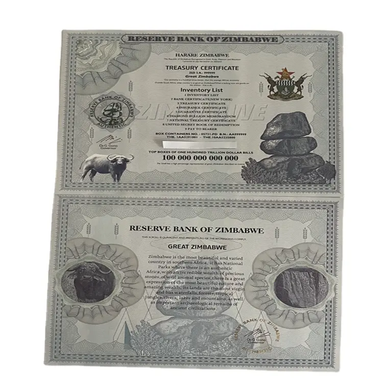 Billetes de Zimbabue 100 billones de dólares Bill Money Plástico Gran plata Certificado de Zimbabue con marca de agua