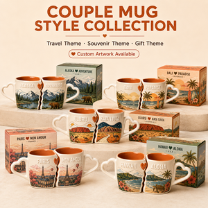 Juego de Tazas de Cerámica de Porcelana Fina Personalizadas con Diseño de Monumentos, Asa de Corazones Entrelazados, Relieve de Horizonte Urbano, Regalo de Viaje con Cuchara - Product Image 3