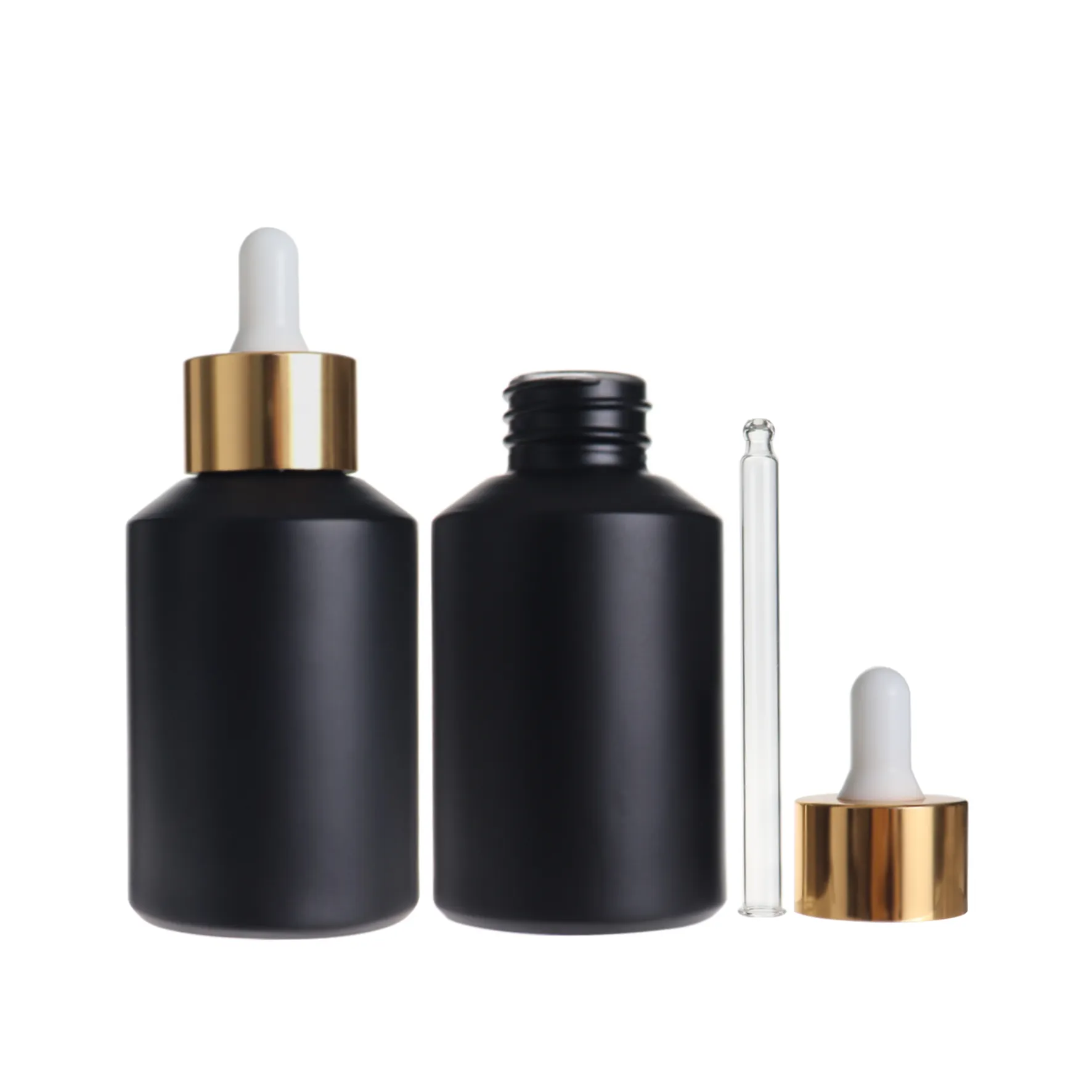 China supplier 100ml matte black glass bottles frosted glass bottle with black screw cap and reducer for cosmetics