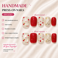 Lot de 10 faux ongles à presser faits main, courts, ronds et carrés, en acrylique, avec paillettes rouges et dorées, vente en gros
