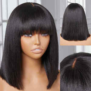 Perruque Lace Front HD pour Femme, <span class=keywords><strong>Coupe</strong></span> Bob Courte, <span class=keywords><strong>Cheveux</strong></span> Humains Brésiliens Vierges Ultra-Lisses avec <span class=keywords><strong>Frange</strong></span> - Product Image 3