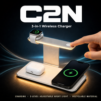 Chargeur sans fil magnétique en aluminium 3-en-1 15W avec veilleuse à trois niveaux de luminosité pour téléphones portables et montres OEM