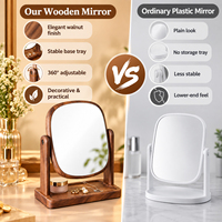 Miroir de vanité en noyer noir avec cadre en bois cintré, support à deux pieds et base de rangement pour la maison, la chambre, la coiffeuse, le maquillage et les soins de la peau