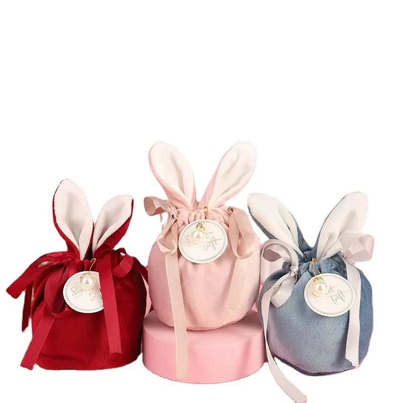 Hot sale high quality rabbits plush velvet easter bunny bags for easter decoration