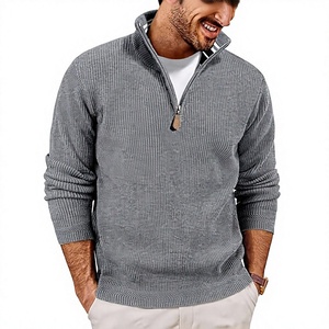 Men's Gray Quarter <b>Zip</b> Long Sleeve Knitted Casual <b>Shirt</b> Stand Collar Solid Color Autumn Wear - Product Image 1