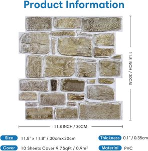 COMSTICKC Panneaux muraux 3D autocollants style ferme, imitation pierre/brique, 10 pièces 30x30cm, PVC léger, crédence adhésive - Product Image 5
