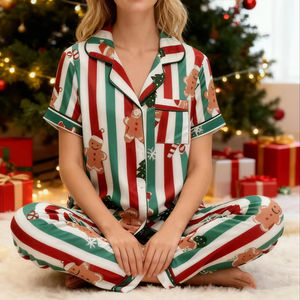 Hot Sale Women's Christmas Knit V-neck Short-sleeved Elegant Casual <strong>Pajama</strong> Set-Soft Thermal Breathable Elastic Waist Printed - Product Image 1