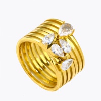 Damenring aus Edelstahl, 18K vergoldet, mit mehrreihigem Band und tropfenförmigem Zirkon-Cluster – Vintage-Stilvolles Statement