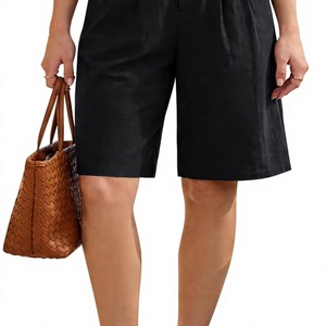 Shorts en lin noir taille haute coupe ample décontractés pour l'été avec poches - Product Image 4