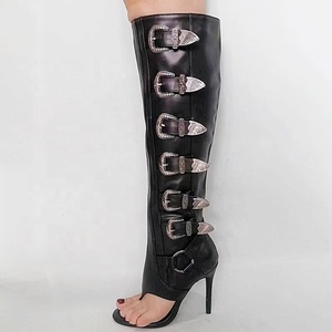 Bottes hautes d'été pour femmes à boucles de ceinture, talons fins, bout pointu, style punk sexy, imprimé vache, chaussures habillées - Product Image 5