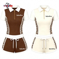 Set Dua Potong Motif Cheetah, Kaos Polo Kerah Setengah Resleting dan Celana Pendek Warna Blok, Tracksuit Y2K 2 Potong, Pakaian Klub untuk Wanita