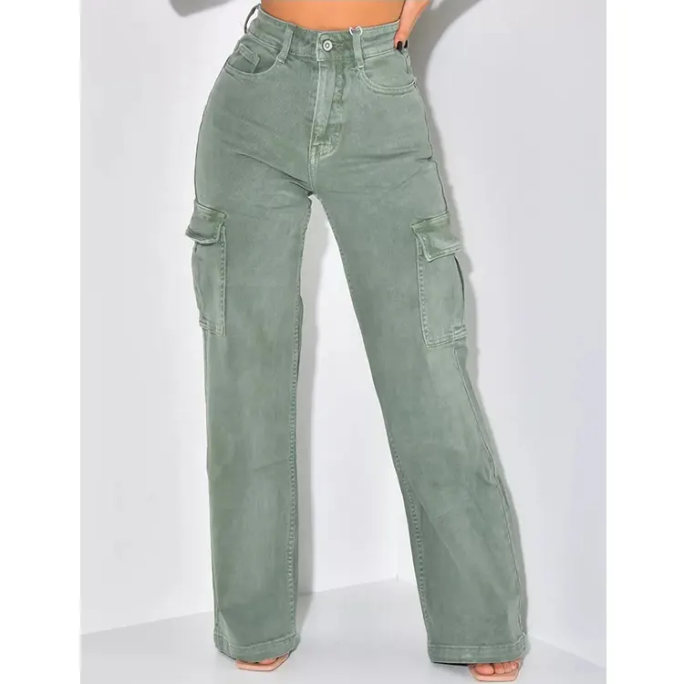 Hot Sale Casual Mehrere Taschen Frau Jeans Cargo Pants Damen High Waist Pants Weibliche Hose mit weitem Bein und Reiß verschluss