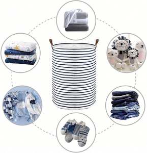 Hot-selling Fashion Stripe Printing Cotton <b>Canvas</b> Cloth Collapsible Laundry Basket <b>for</b> <b>Storage</b> with Lining Basket - Product Image 4
