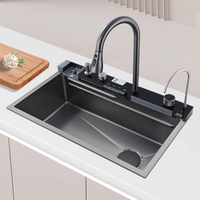 Évier de cuisine nano noir 75x46cm à cascade intelligente avec robinet baleine LED affichage numérique évier piano fait main en acier inoxydable