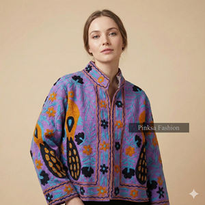 Veste universitaire en velours brodé floral bohème d'hiver et d'automne, écologique, anti-rides, coupe-vent, respirante, en coton Suzani - Product Image 1
