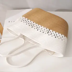 Kadınlar için 2024 özel yaz saman plaj çantaları el yapımı pamuk dokuma halat çanta