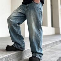 Jeans baggy noirs pour hommes, coupe large, style décontracté, non lavés, taille ample.