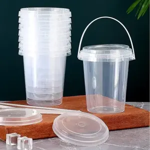 Cheap Price Custom Logo Disposable Plastic PP Hard Fruit Bucket Food Grade Bubble Tea Buckets Cups With Lids