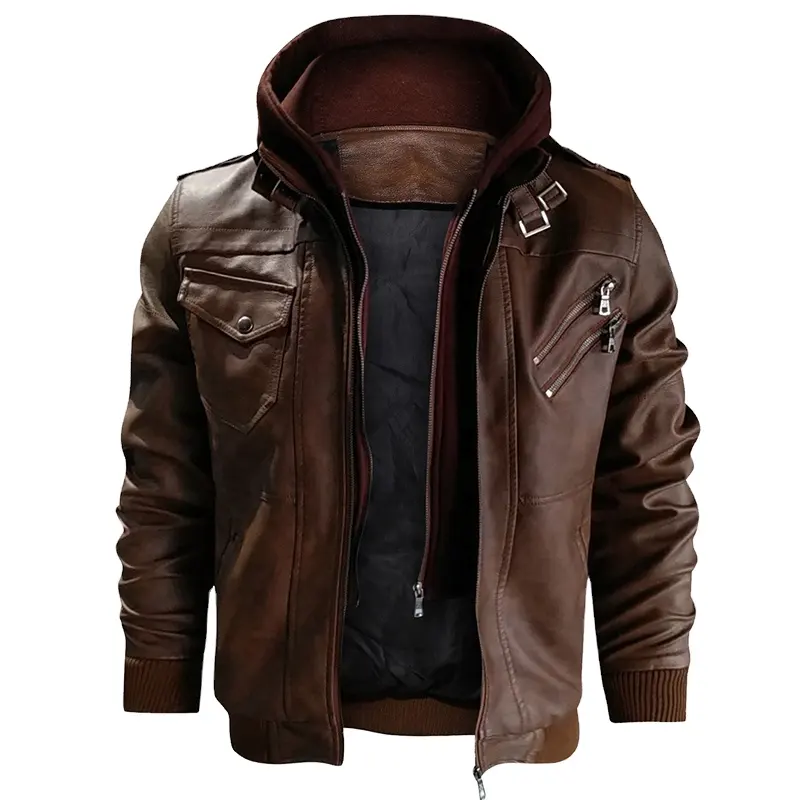 Wholesale Fashion Men Racer Motorcycle Pu Leather Jackets Jaqueta De Couro Masculino Hooded Coat Black Brown Leather Jacket