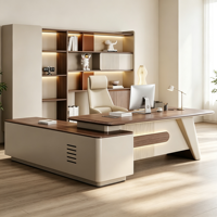 Ensemble de bureau exécutif en forme de L convertible contemporain personnalisé avec bibliothèque murale durable, éclairage LED, plateau en PVC