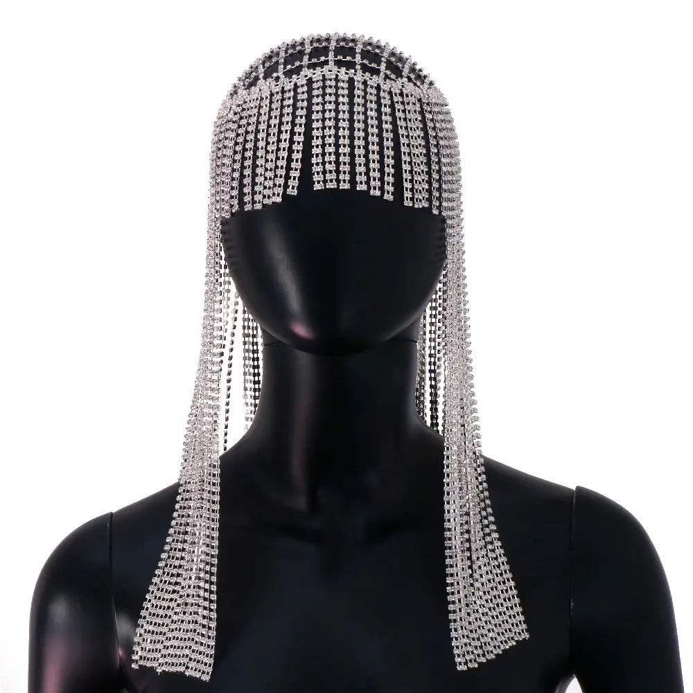 Luxury Rhinestone Long Tassel Headpiece Carnival Crystal Shiny Women Hollow Mesh Head Chain Hair Jewelry