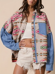 Chaqueta Vintage de Otoño, Elegante, con Parches de Mezclilla, Estampado <span class=keywords><strong>Azteca</strong></span>, Cierre de Botón, Camisa <span class=keywords><strong>Azteca</strong></span> para Mujer - Product Image 5