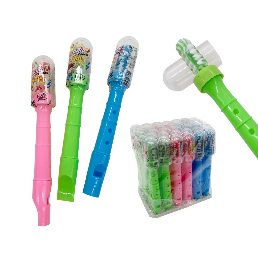 OEM Colorful Fruit flavor flute shape whistle toy Sweet Lollipop