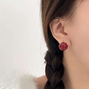 S925 Sterling <b>Silver</b> <b>Stud</b> <b>Earrings</b> Wine Red Glaze Geometric Shape Everyday Wear - Product Image 1