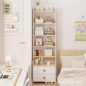 Wooden bookcase, floor-standing, large-capacity bedside storage cabinet with <b>drawers</b>, solid wood <b>small</b> rental room storage - Product Image 2