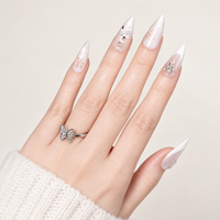 Miss Gel 32PCS Champagne Silver Glitter Press on Nails Long Stiletto White V French Snowflake Crystal Flower Glue on Nails