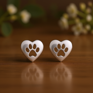 E3337 Orecchini a perno a forma di cuore in oro bianco con design a impronta di zampa, gioielli unisex per l'uso quotidiano - Product Image 2
