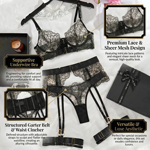 En Stock 2026 Vente Flash Ensemble de Lingerie Sexy Transparente 4 Pièces, Broderie en Dentelle Œillet, Lingerie de Luxe Translucide Sculptante pour Femme - Product Image 3