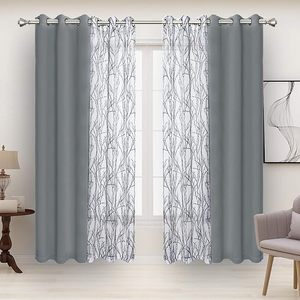 JA-Ensemble de 4 rideaux gris <span class=keywords><strong>clair</strong></span> de 37x84 pouces assortis, 2 pièces, impression de branches, rideaux de fenêtre occultants pour chambre à coucher - Product Image 1
