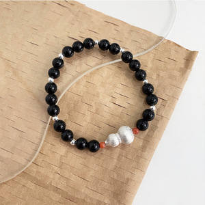 S925 Sterling <b>Silver</b> Black Agate <b>Beaded</b> Bracelet With Gourd Charm For Women Everyday Wear Simple Round Design Trendy Jewelry - Product Image 3