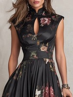 Robe midi en satin à imprimé floral noir, élégante, col haut, sans manches, plissée, robe de soirée formelle