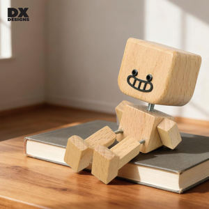 Jouet robot <span class=keywords><strong>en</strong></span> <span class=keywords><strong>bois</strong></span> DX Designs avec expressions faciales interchangeables, décor de bureau articulé et jouet anti-stress - Product Image 5
