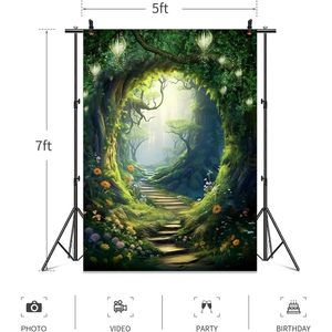 רקע אומיפליי בסגנון חדש, יער קסום, ניתן לגיהוץ בקיטור, 5W*7H, ירק, גן, עץ ירוק, אביב, רקע אגדות - Product Image 4