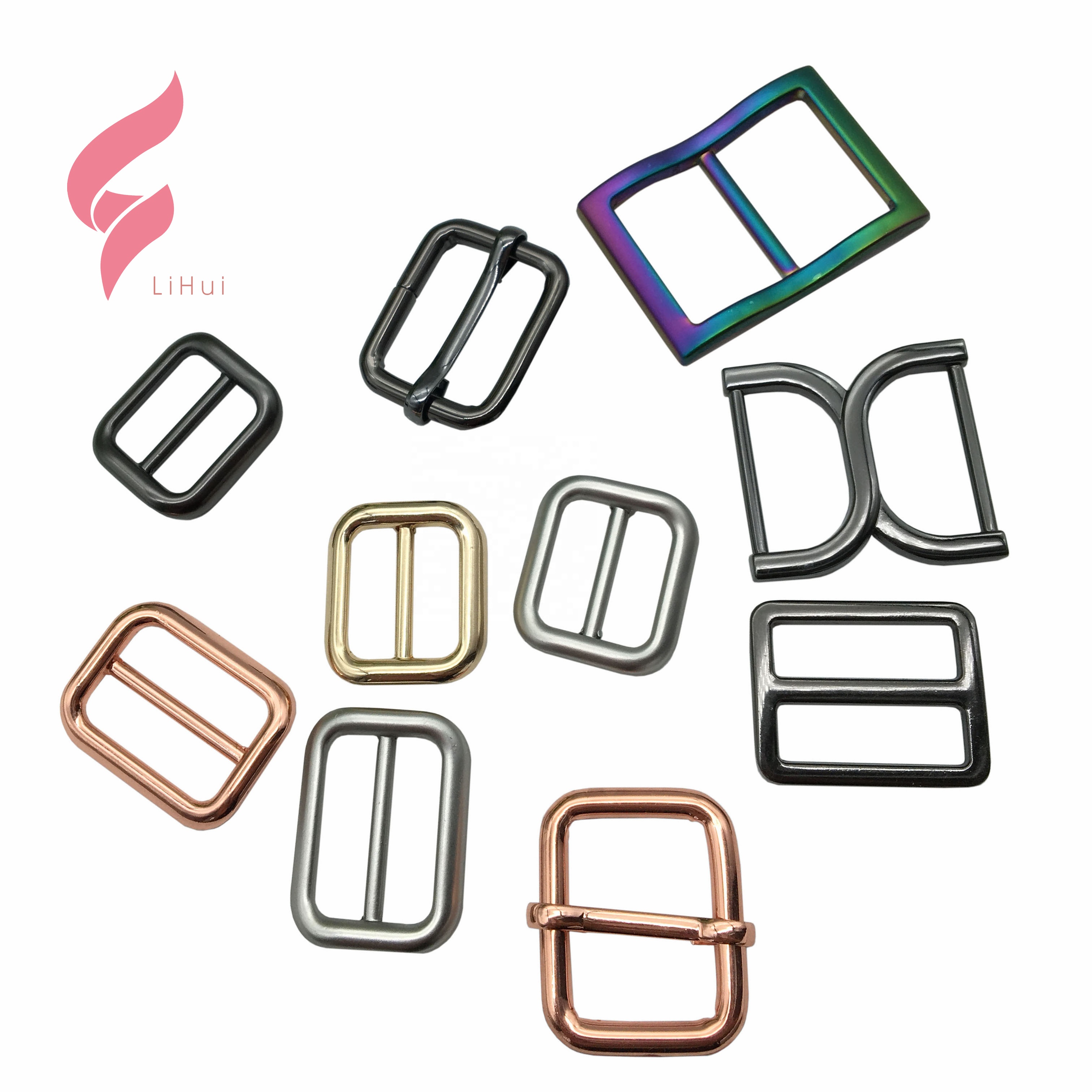 Lihui Großhandel benutzer definierte Logo verstellbare Zink legierung Regenbogen Roségold Riemen Stellen Sie Metall Quadrat Ring Schnalle für Tasche Nylon band