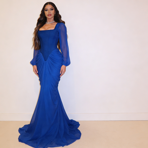 Robes élégantes pour femmes, tendance, en mousseline <span class=keywords><strong>de</strong></span> soie bleu vif, à manches longues, col carré, froncées, style sirène, longueur au sol - Product Image 1