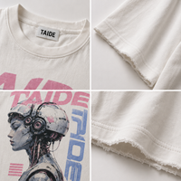 Kaos Boxy Crop TaiDe ZDHC Compliant 280GSM dengan Grafis Vintage Fuji Cyber Robot, Raw Hem, Warna Off White, Streetwear Pria, Produksi Terbatas