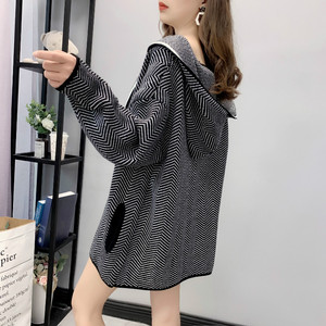 Fashion Custom <strong>Knit</strong> Cardigan Stripe Oversize <strong>Open</strong> Thick Pockets Hooded Women's Trench Sweater Coats - Product Image 4