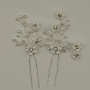 Handmade Rhinestone Pearls Ceram Flower Bridal Hair Comb Hair Pin Set Wedding Headpieces Women Jewelry Hair Accessories