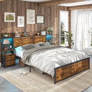 SENYU Rustic Queen Size <b>Wooden</b> <b>Bed</b> <b>Frame</b> <b>with</b> <b>Storage</b> Headboard and Metal <b>Frame</b> Bedroom Furniture - Product Image 1
