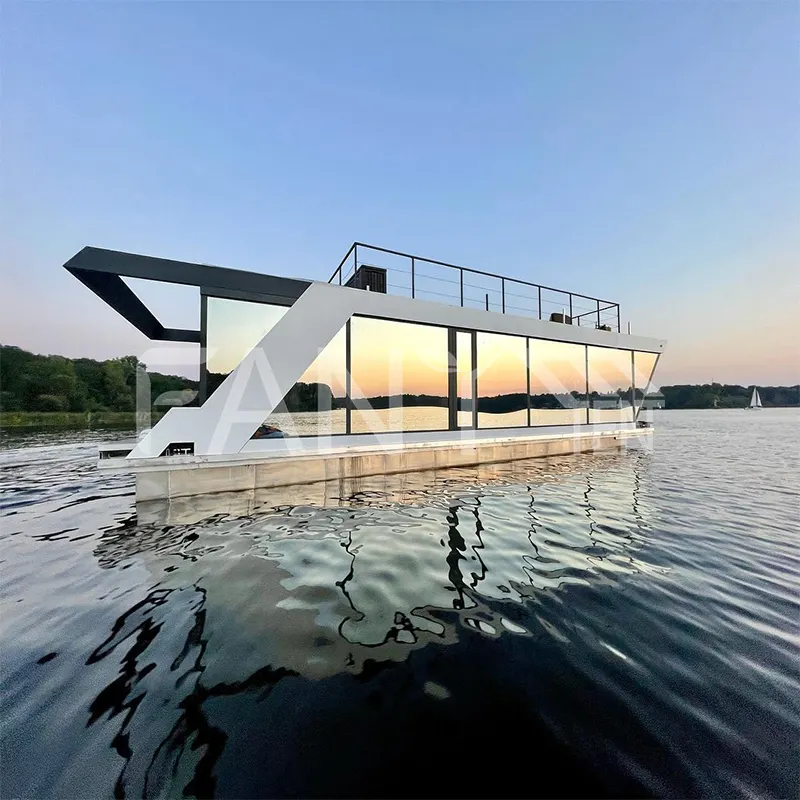 Satılık yeni tasarım ev tekne alüminyum duba houseboat uzay kapsül thouse floating yüzer güneş enerjili elektrikli houseboat
