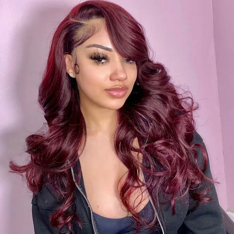 Burgundy 99J Body Wave Transparent Swiss Lace Front Wig 100% Human Hair Wig With Natural Hairline For Black Women