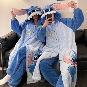 Couple's Pajama Women's Cartoon Hoodie Long Thickened Warm Sleeprobe Sleeper Pants Set Men's Home Clothes - Product Image 4
