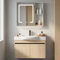 Rak wastafel kamar mandi rangka aluminium anti air, kayu ringan motif kayu, pintu ganda, wastafel keramik oval, cermin LED pintar, modern, untuk hotel