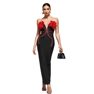Elegante Abito da Sera Lungo per Donna, Moderno con Fiori 3D Rossi Naturali, Lussuoso Nero per Feste - Product Image 1