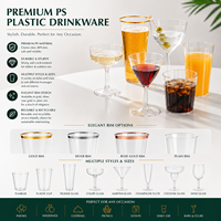 Verre à vin sans pied en plastique PET avec bord doré, 12 oz, incassable, réutilisable, pour mariage, fête, bar, vente en gros