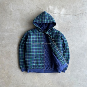 Sudadera con capucha personalizada 100% algodón de alto gramaje, estilo holgado, con forro acolchado de algodón, estilo vintage, con cremallera y diseño a cuadros. - Product Image 1